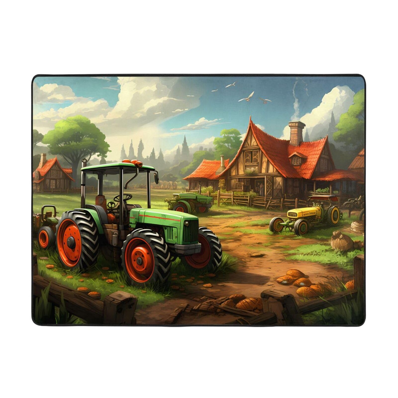 Tapis imprimé Tractor Farm 160x122 cm en velours fin et doux pour chambre