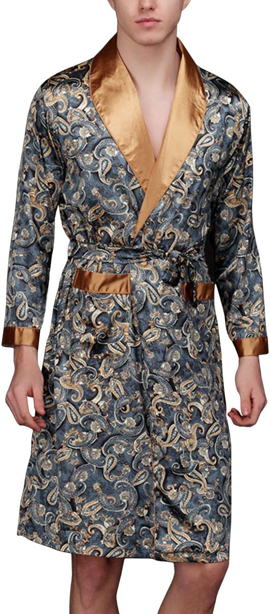 Sidiou Group Men Long Kimono Robe Dressing Gown Satin Robe Long Bathrobe Night Robe Nightgown Sleepwear Nightwear