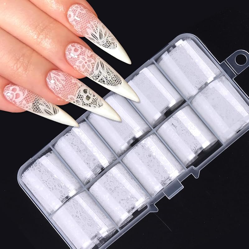 10 Rolls Lace Nail Art Foil Transfer Stickers White Lace Flower Designs | Holographic Foils for DIY Acrylic Nails Manicure Wraps Decoration