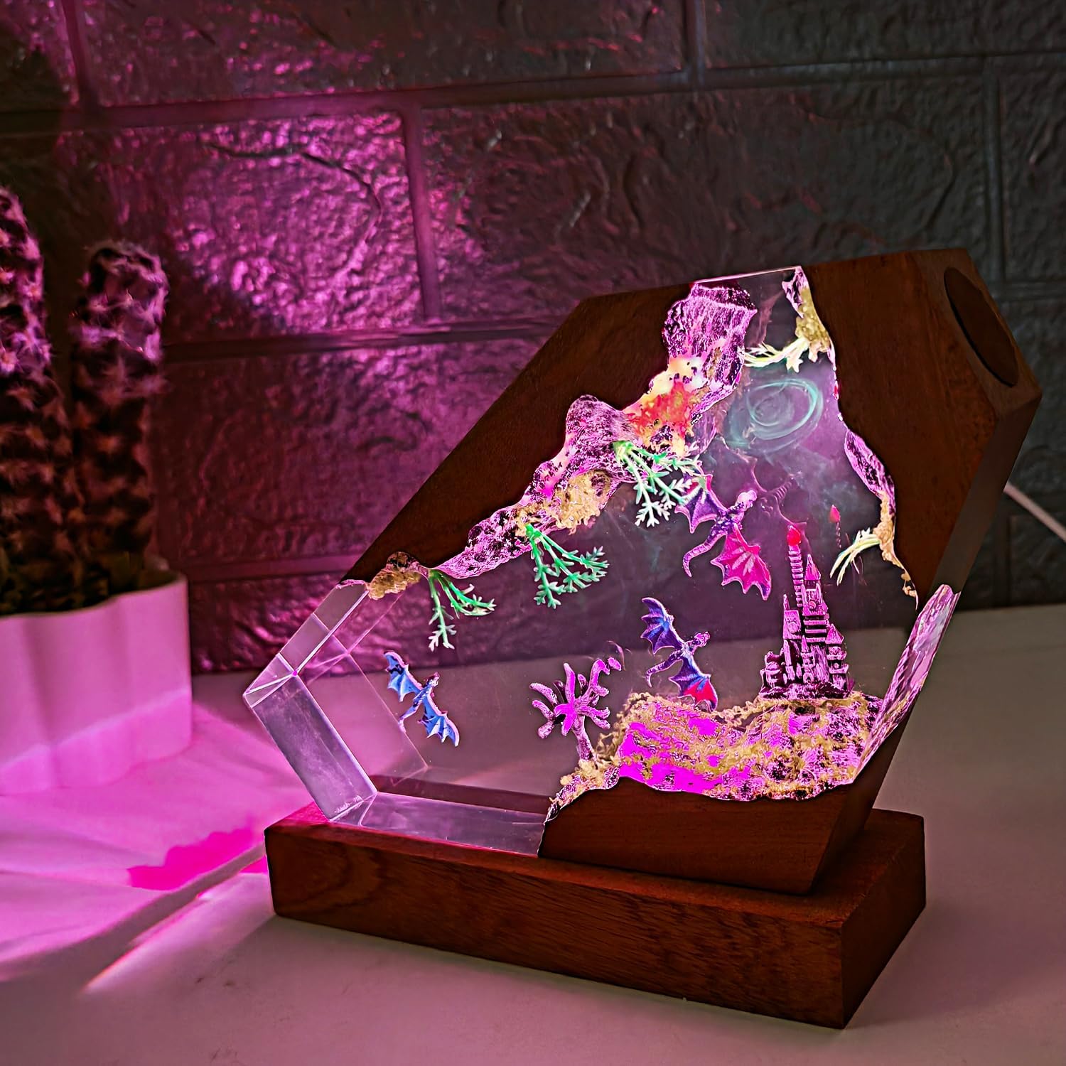 Epoxy Resin Fire Dragon Lamp, Handmade Dragon Night Lights with Wooden Base for Home Office Decor,RGB Light,Dragon Gifts for Women & Men,Valentine's Day Gifts (S,6"x4")