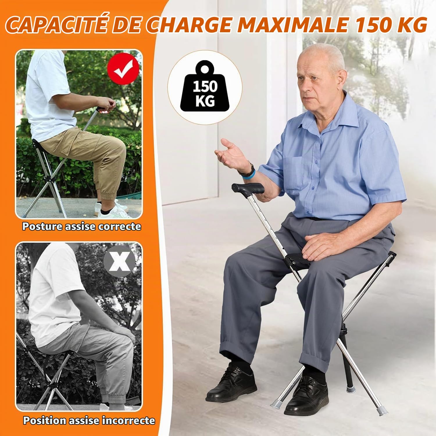 Walking Stick with Seat, 2 in 1 Foldable Walking Cane with Seat, Adjustable Height Walking Stick Chair with Non-Slip Handle for Travel Hiking, Seniors & Adults