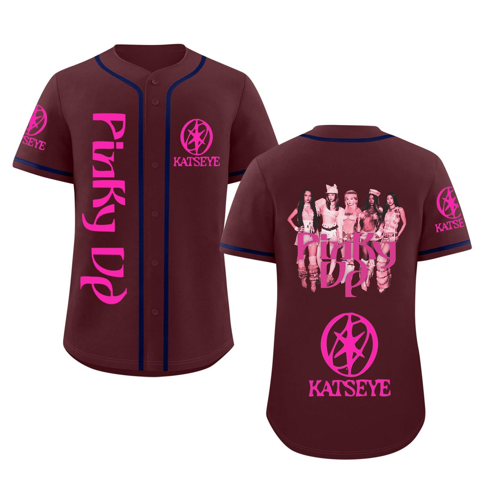 Katseye Tshirt Beautiful Chaos Album Pinky up Baseball Jersey Short Sleeve Button Down Casual Hip Hop Katseye Merch Baseball Jersey for Fans Men Women 03-Wine XXL