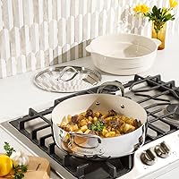 Vista 2 de Bloomhouse 6-QT Triply Stainless Steel Everyday Pan w/Non-Stick Non-Toxic Ceramic Interior and Ceramic Steamer Insert