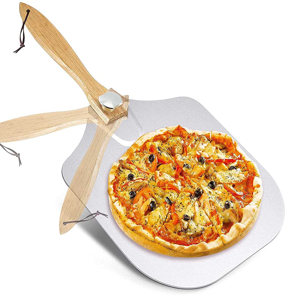 Łopata do pizzy, metalowa łopatka do pizzy, aluminiowa metalowa łopatka do pizzy, skórka do pizzy Aluminiowy metal, ze składaną drewnianą rączką, do pieczenia domowego chleba do pizzy