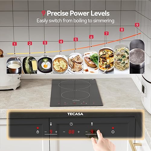 Miniatura 4 de Placa eléctrica de 12 pulgadas, 2 quemadores, 3000 W, radiante, con 9 niveles de potencia, estufa de cerámica integrada con bloqueo para niños,