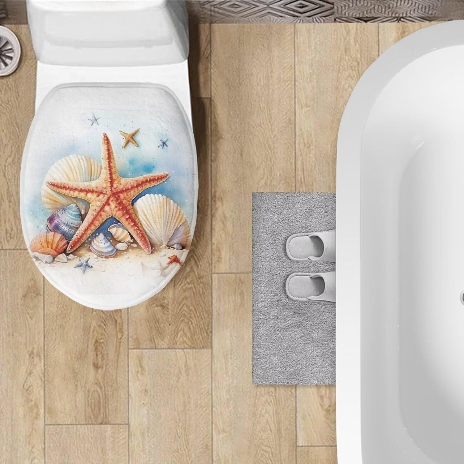 Starfish Print Bathroom Toilet Lid Seat Toilet Protector Cover Soft, Dustproof Polyester Fabric Toilet Seat Cover Covers Stains, Stays Clean, Easy To Install