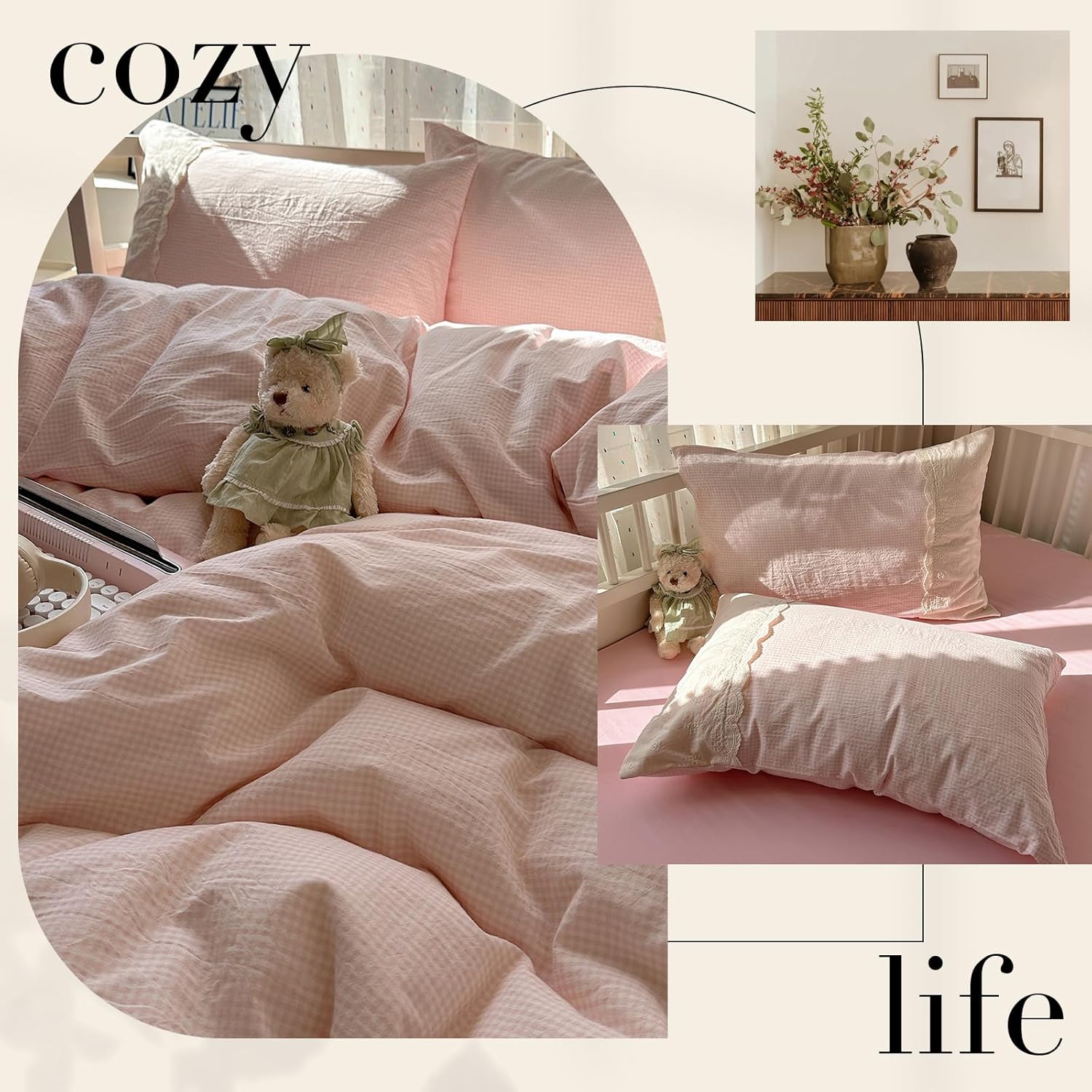 LifeTB Pink Gingham Duvet Cover Twin Size 3 Pieces Romantic Lace Duvet Cover Pink Plaid Checkered Comforter Cover with 2 Pillowcases Soft Breathable Microfiber Grid Farmhouse Plaid Bedding Set