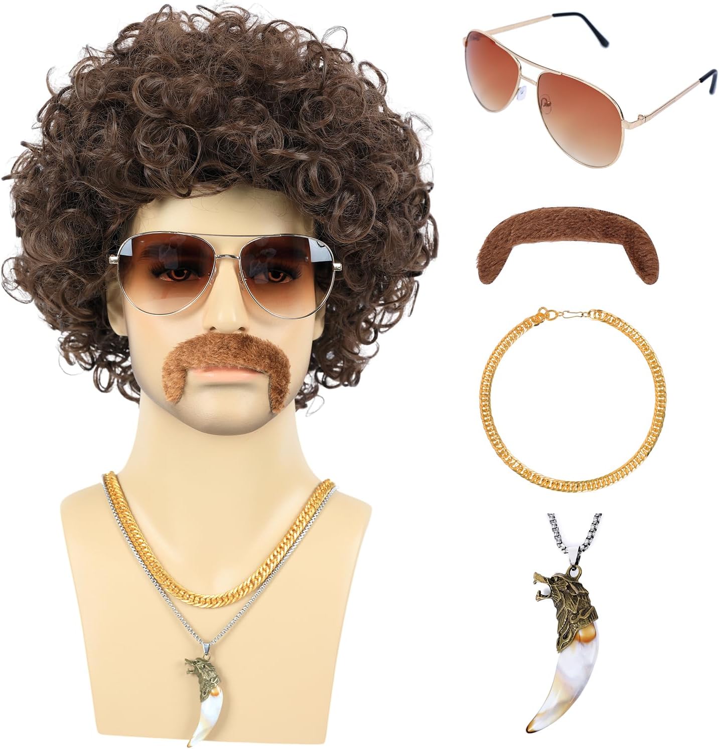 Bettecos 6pcs Set 70s 80s Disco wig with Mustache Sunglasses Necklace