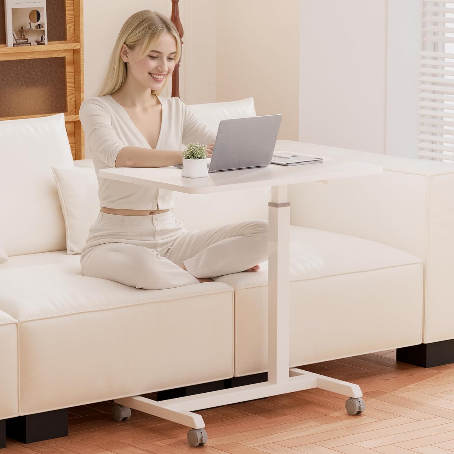 GTPLAYER Small Standing Desk, 24 Inches Mobile Foldable Rolling Laptop PC Table with Lockable Casters, Adjustable Height Overbed Bedside Table Computer Workstation for Home Office, White