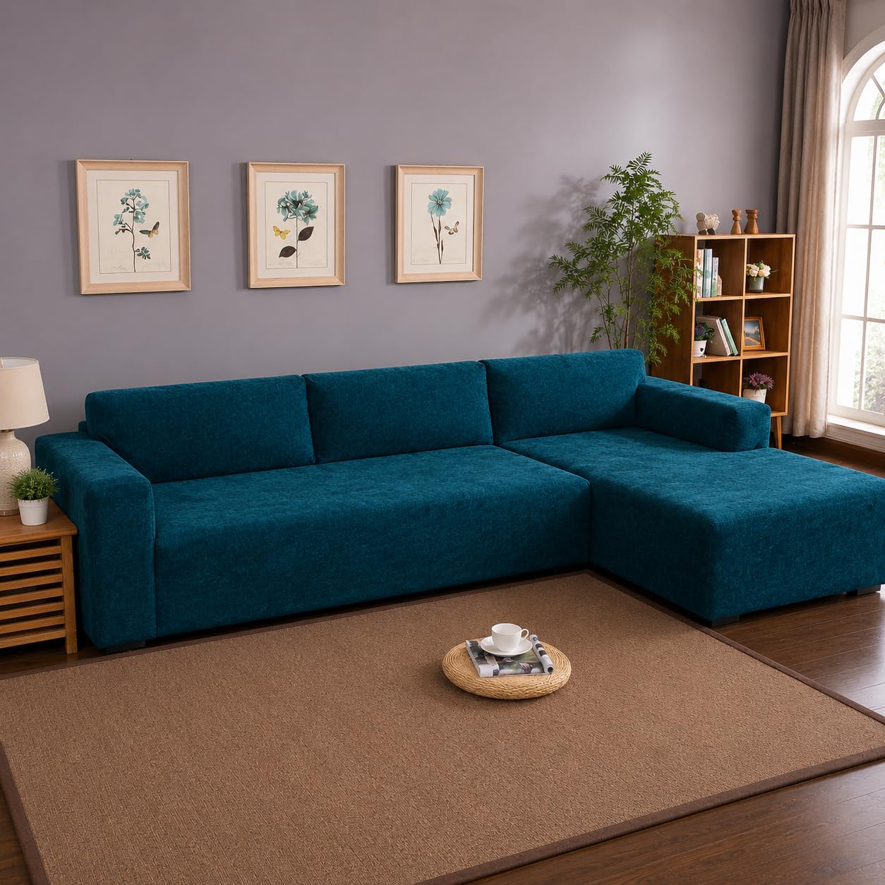 Gifts Island Premium 160GSM Super Soft Teal Green Velvet Stretchable Sofa Cover L Shape 7 Seater Fully Covered | Suitable for Both Left and Right Side Chaise Sofa (Green Velvet, 4+3 Seater)