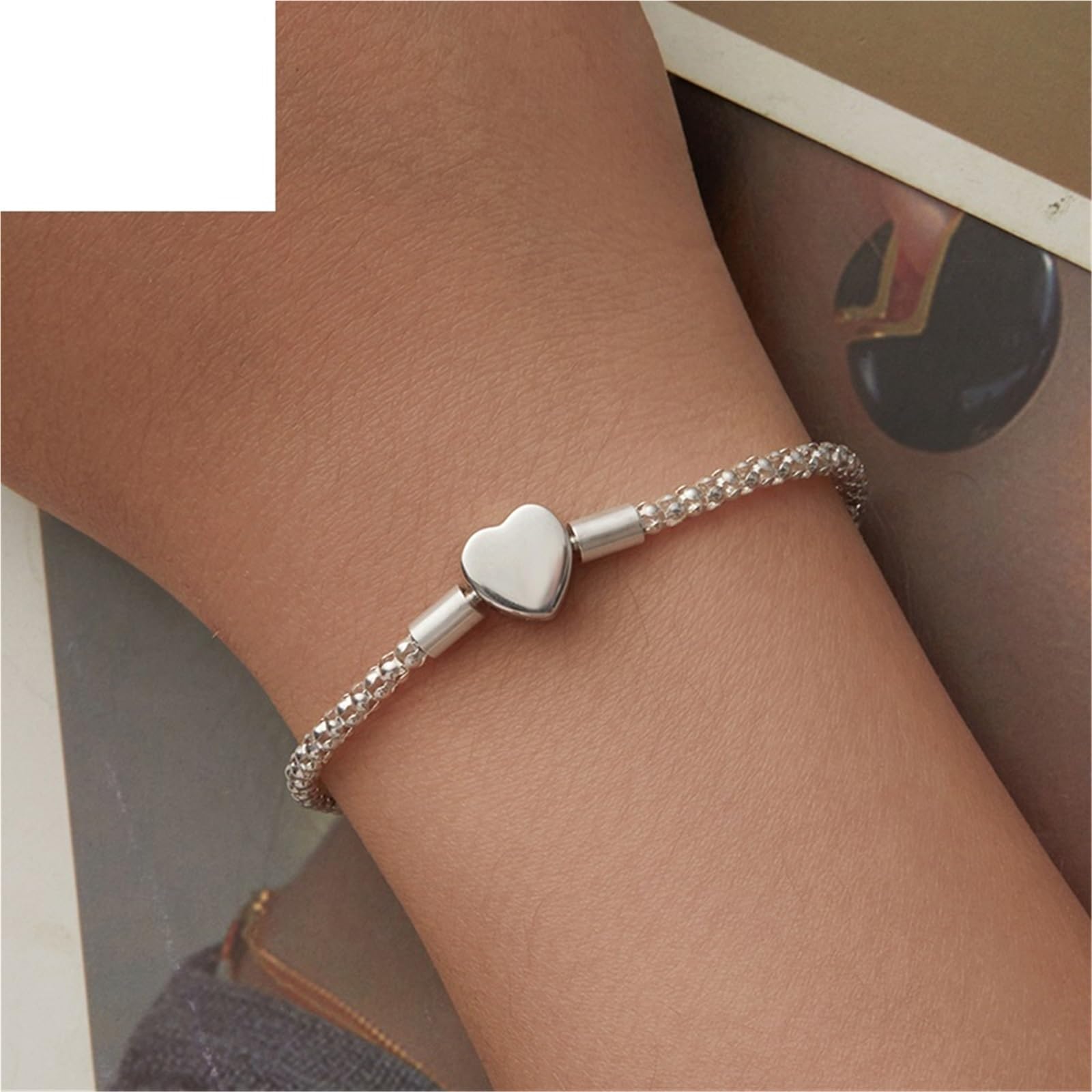 Bracelet Femme Argent Bracelet basique en argent sterling avec cœur for femme, breloques, perles, bijoux fins à faire soi-même