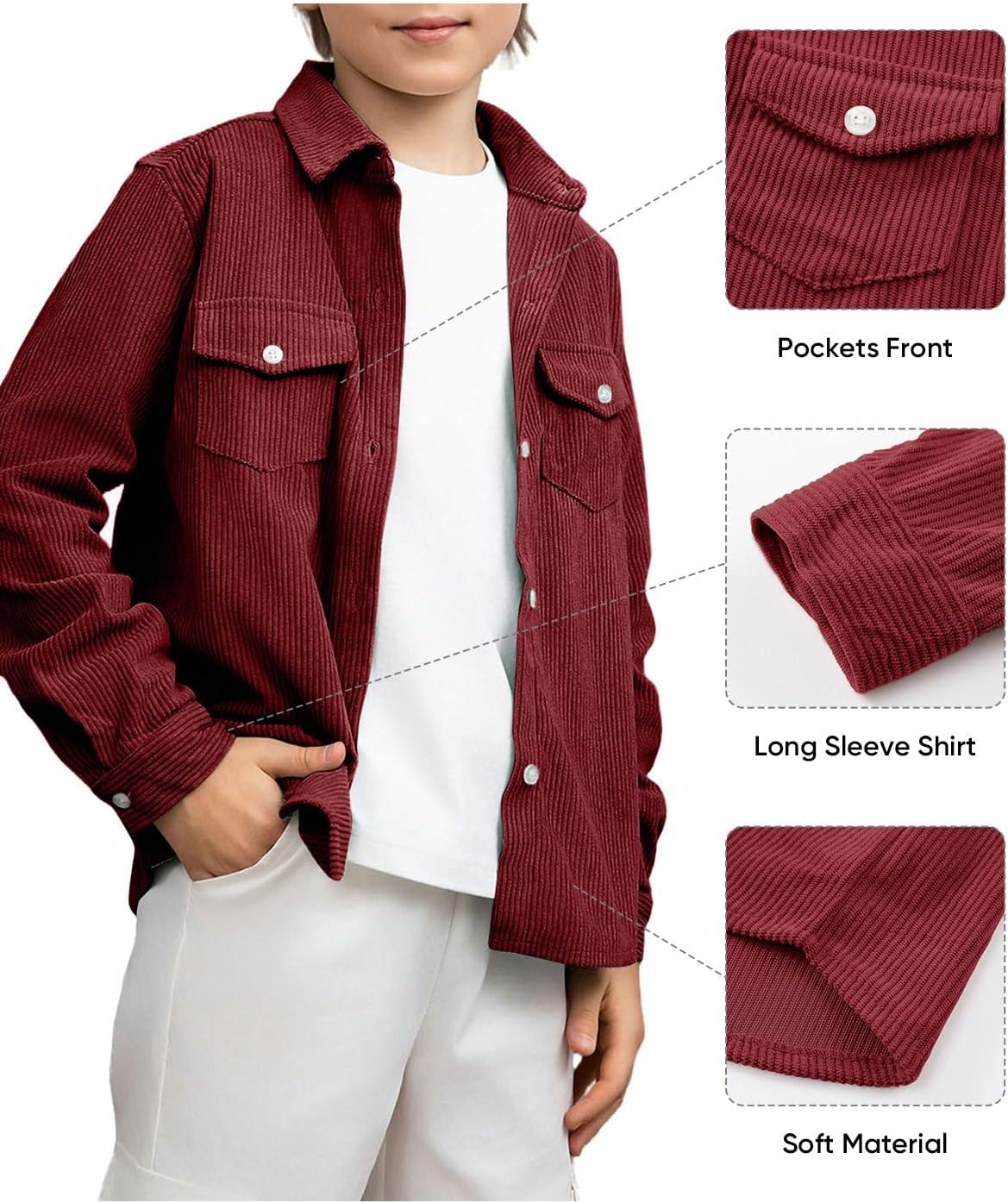 blibean Boys Fall Corduroy Long Sleeve Button Down Shirts Size 6-15 Years