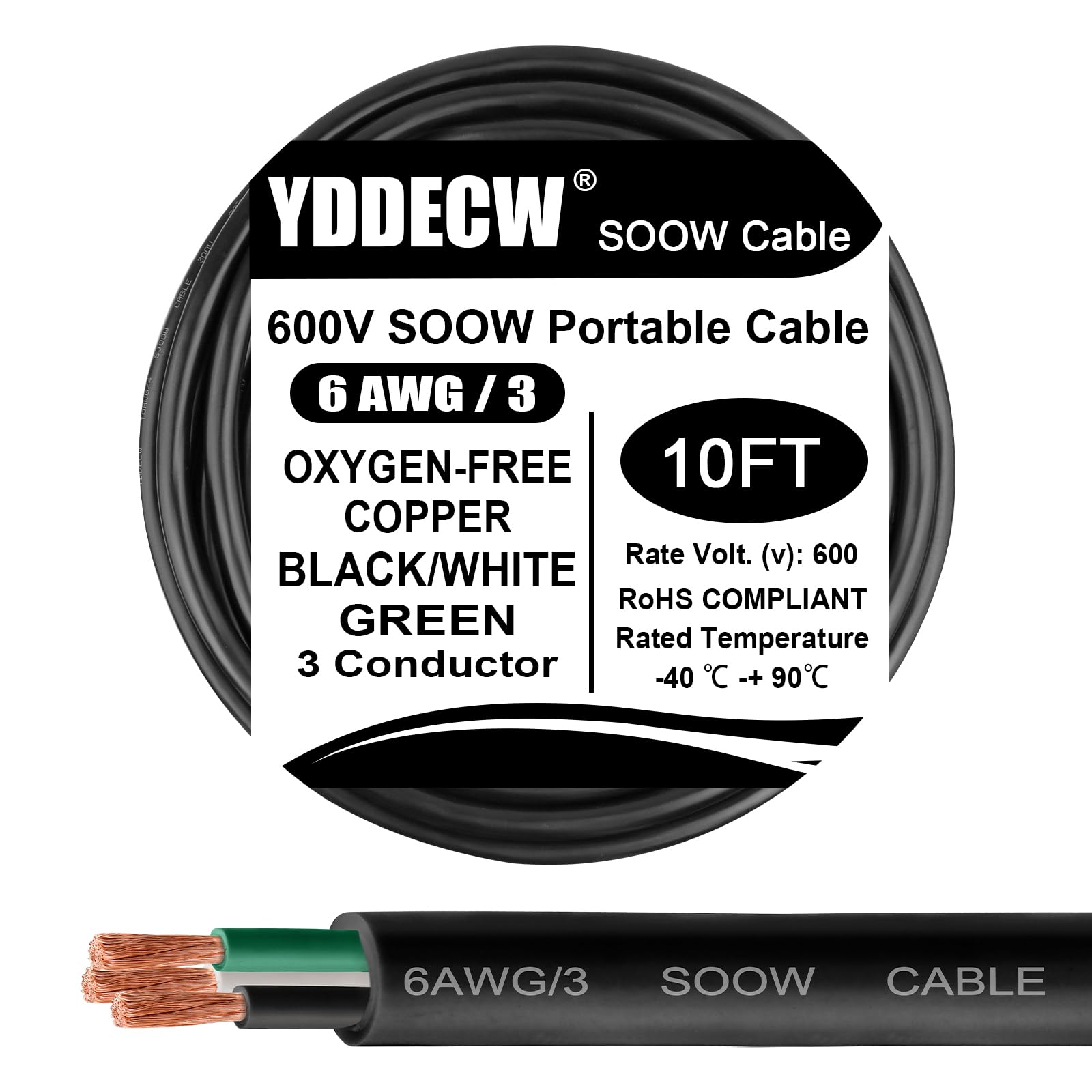 YDDECW 10ft 6/3 6 AWG Portable Power Cable (3 Conductor) - SOOW 600V 6 Gauge Electric Wire for Motor Leads, Portable Lights, Battery Chargers and