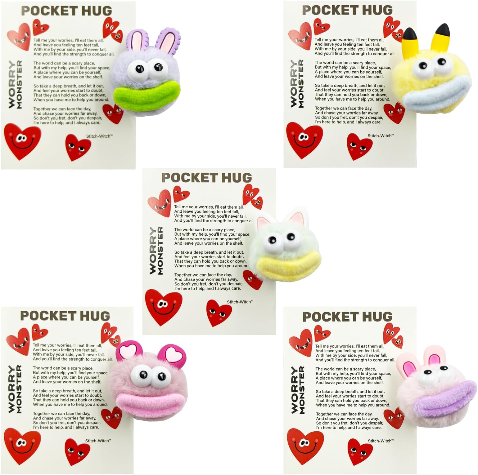 Funny Valentines Day Gifts, Furry Worry Monster Pocket Hug, Emotional Support Gifts, Stress Ball, Squeeze Ball (5pcs Pack Worry Monsters with Ears)