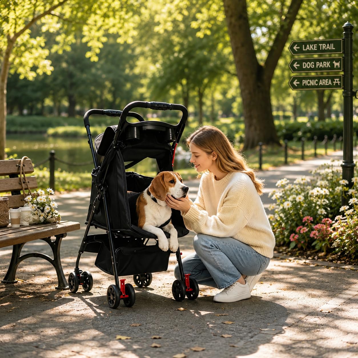Dog Stroller for Small Dogs, Pet Stroller with 4 Wheels, Foldable Dog Strollers for Small Dogs & Cats, Cat Stroller with Storage Basket, Breathable Mesh, 360° Wheels & Rear Brakes Black