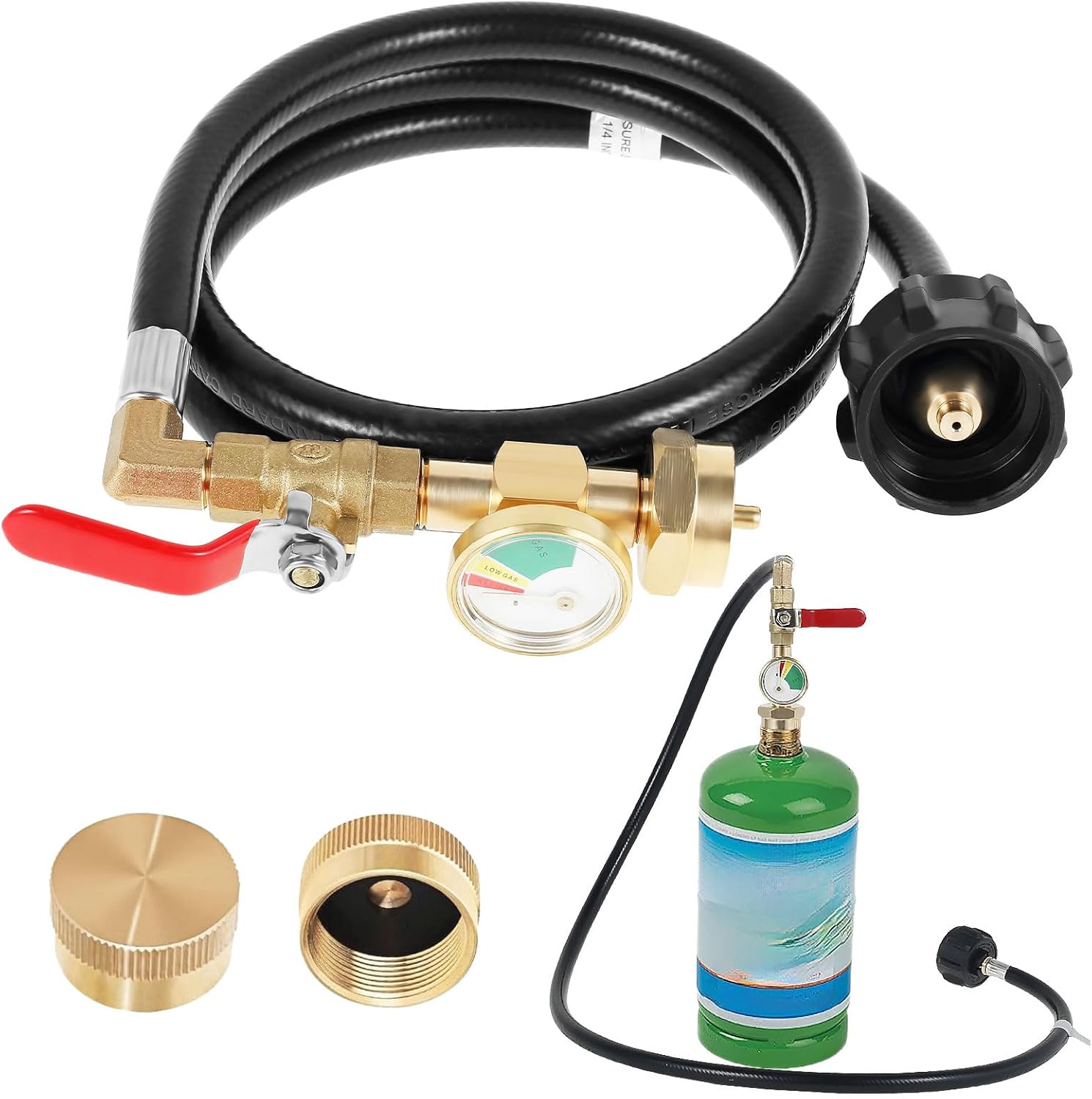 4FT/50" Propane Refill Adapter Hose with Pressure Gauge, Upgrade Propane Refill Elbow Adapter, 1LB Propane Gas Tank Adapter Connector with ON-Off Control Valve, Fits QCC1 / Type 1 Propane Tank