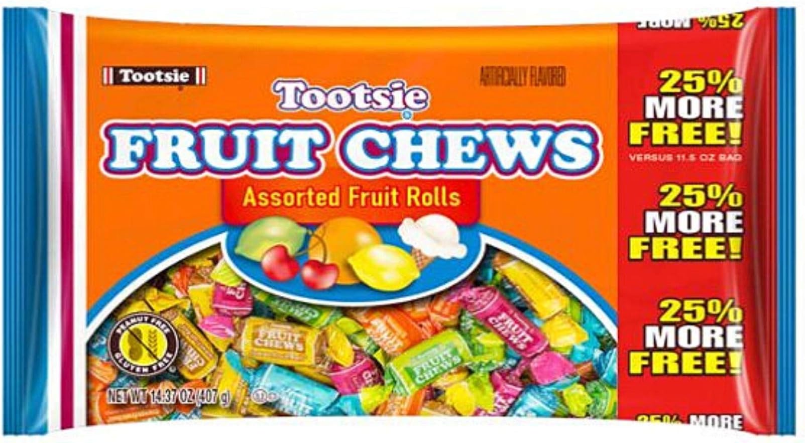 Tootsie Roll Fruit Chews, Assorted Fruit Rolls, Peanut Free and Gluten Free, 14.37 Ounces