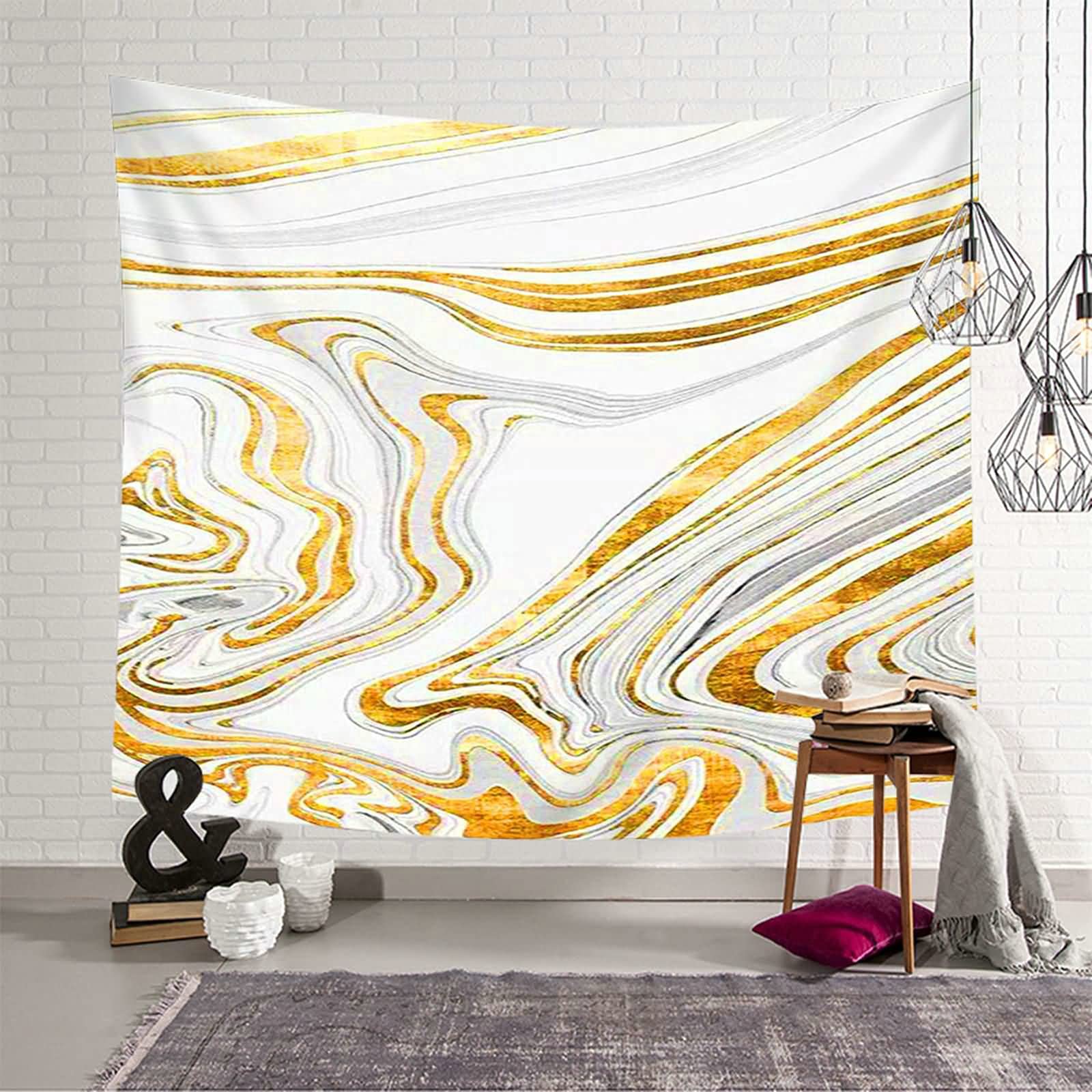 Tapiz de pared con líneas abstractas en poliéster blanco y dorado moderno de 150x130