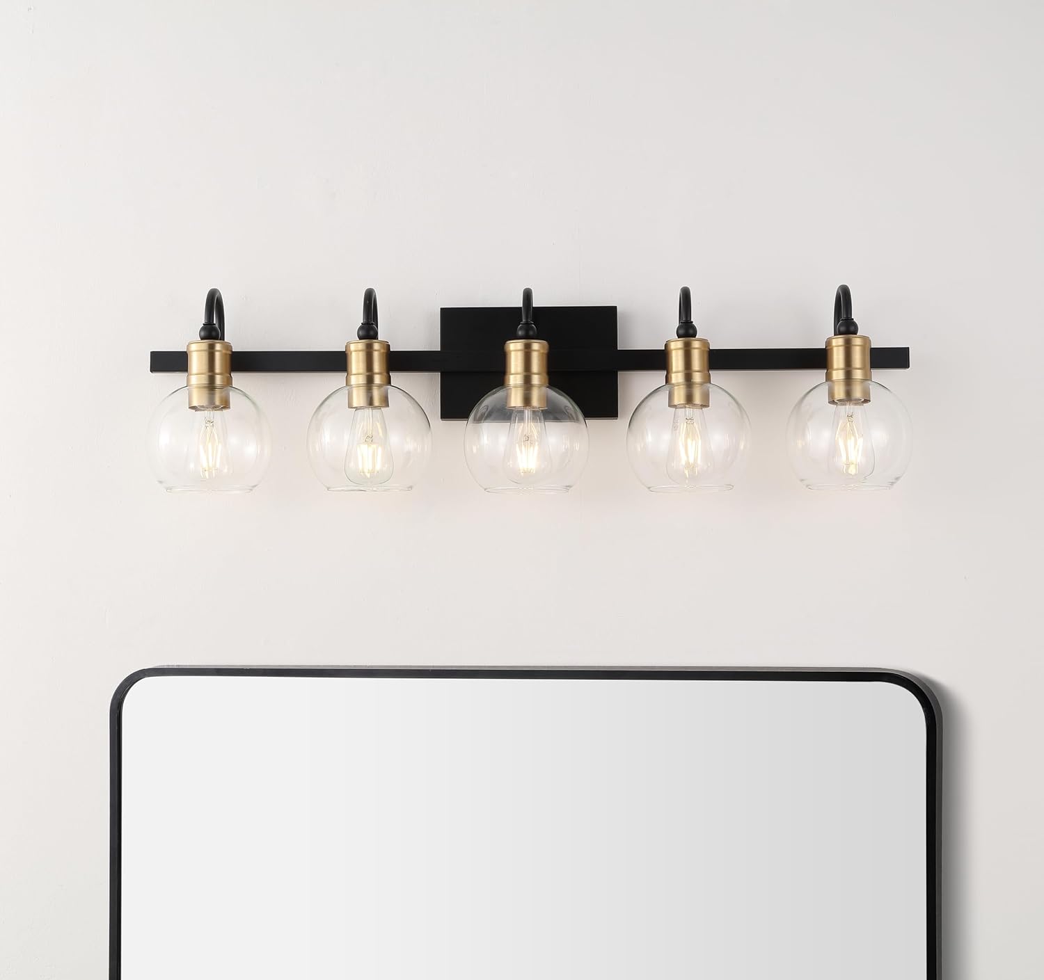 JONATHAN Y 36.5" Black/Brass Gold Vintage Wall Sconce, LED Vanity Light for Bathroom Bedroom Entryway, Clear Glass Globe Shade, Modern Industrial Arched Lamp, LED Bulb Included (JYL3556A)