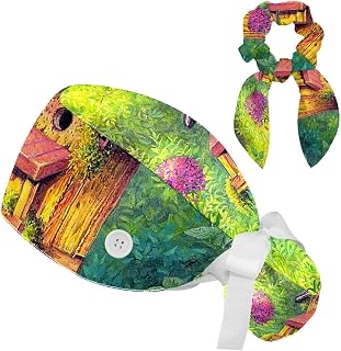 FVQL 2 Pieces Surgical Cap for Long Hair Scrub Cap with Hairband Nurse Cap, Cartoon Bird House and Flower Leaf