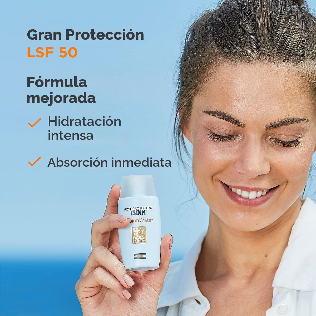 ISDIN Fusion Water Fotoprotector Facial SPF 50, de Fase Acuosa para Uso Diario, Textura Ultra Ligera + Fotoprotector ISDIN Transparent Wet Skin SPF 50, Spray transparente, Ginger Cell Protect 250 ml
