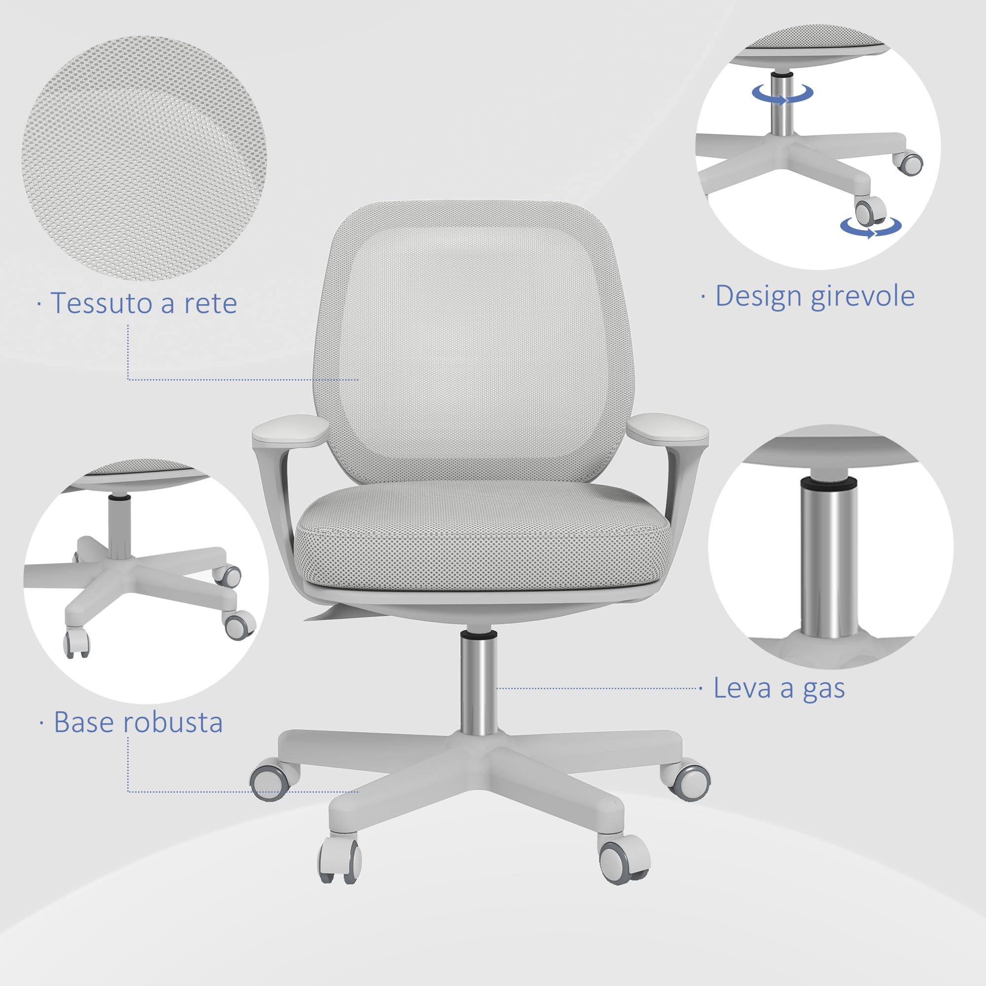 Vinsetto Sedia Ufficio Ergonomica ad Altezza Regolabile Grigio | Schienale Traspirante, Sedia da Scrivania, Tessuto a Rete, Cameretta, 55x48x82.5-94.5 cm