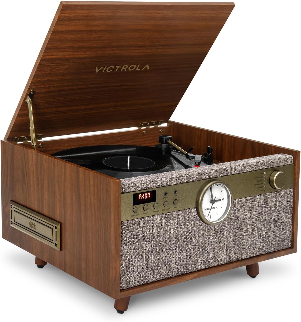 Victrola Century 6-in-1 Vinyl Record Player & Music Center - 3-Speed Turntable, CD & Cassette Player, VINYLSTREAM, Bluetooth & 3.5mm Aux, Record Player with Speakers, Mid Century Design, Walnut