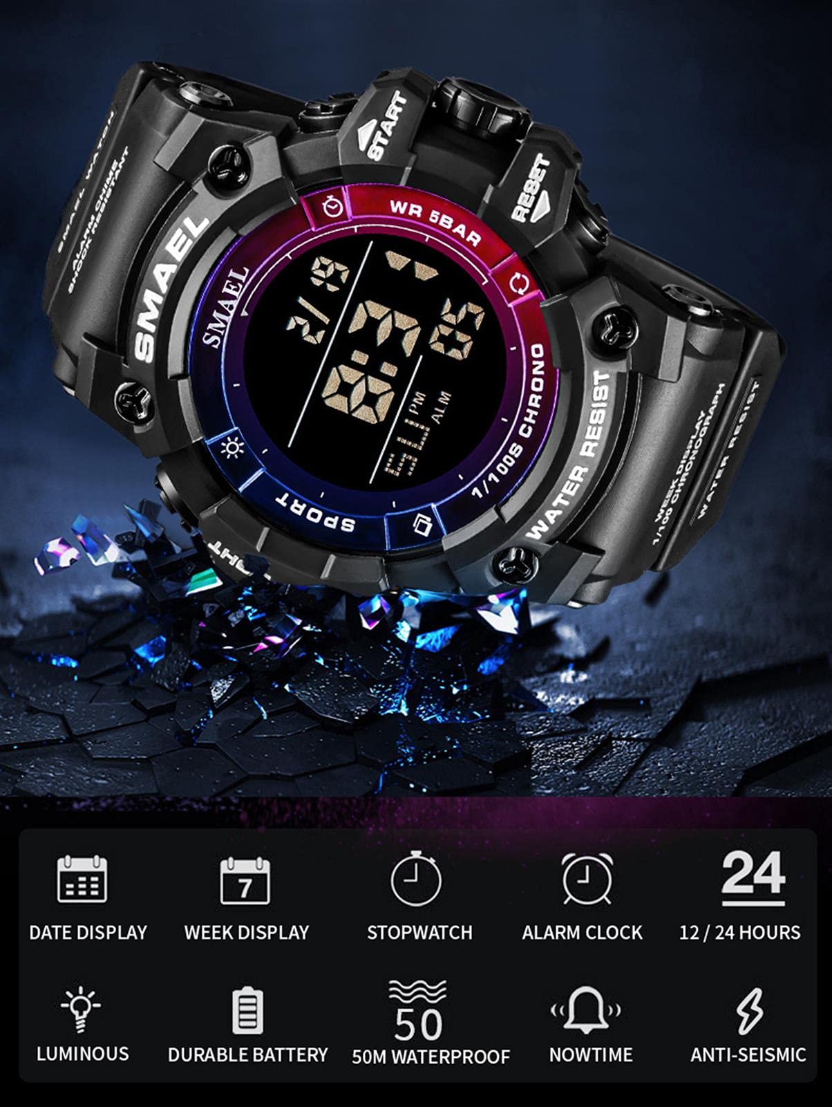 Montre De Sport Electronique Digitale Étanche pour Homme Militaire Montres De Sport Extérieur Multifonction Chronographe À Quartz Numérique