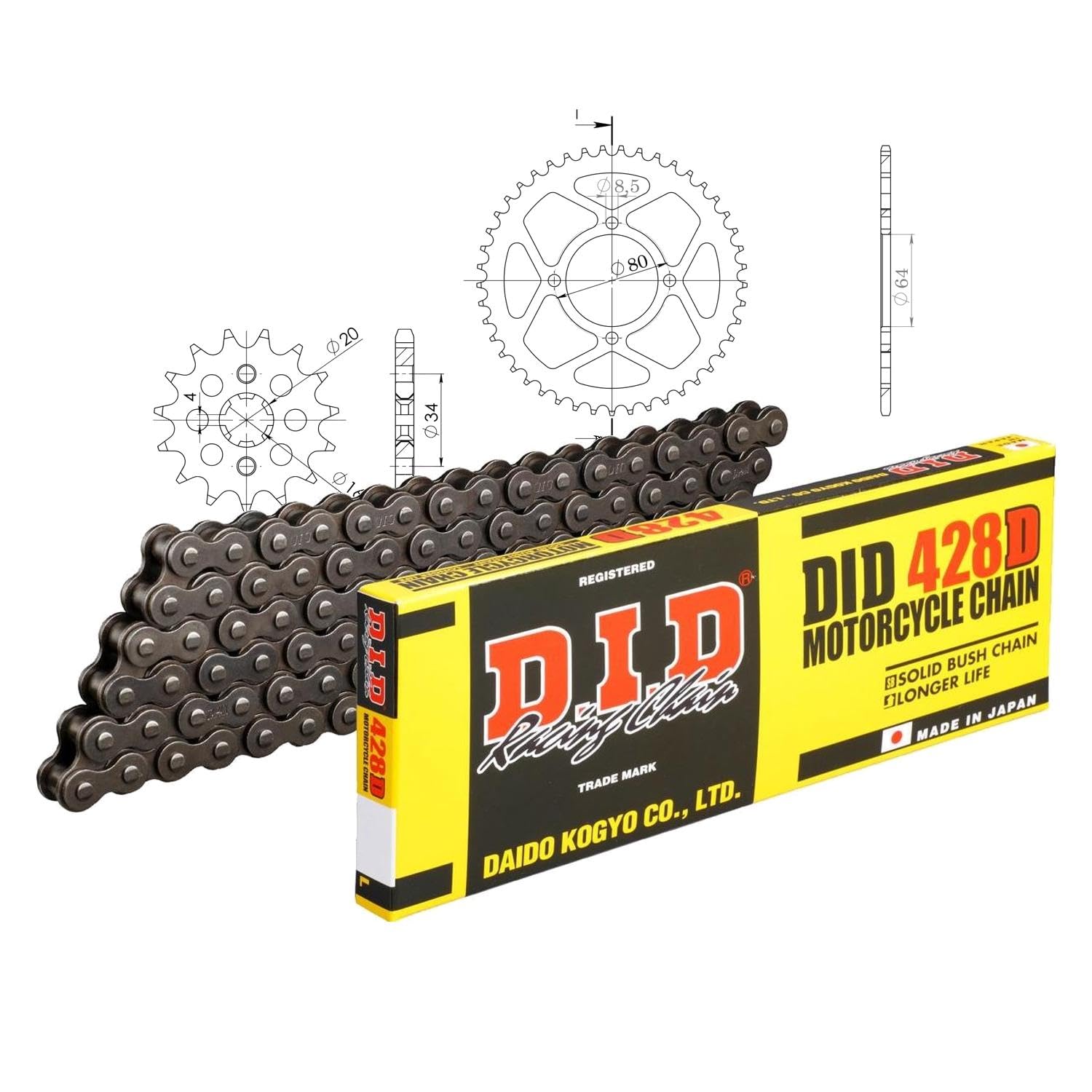 Jeu de chaînes DID acier 428D/118 avec clip de verrouillage pour Yamaha YBR 125 ccm année de construction 2005–2006