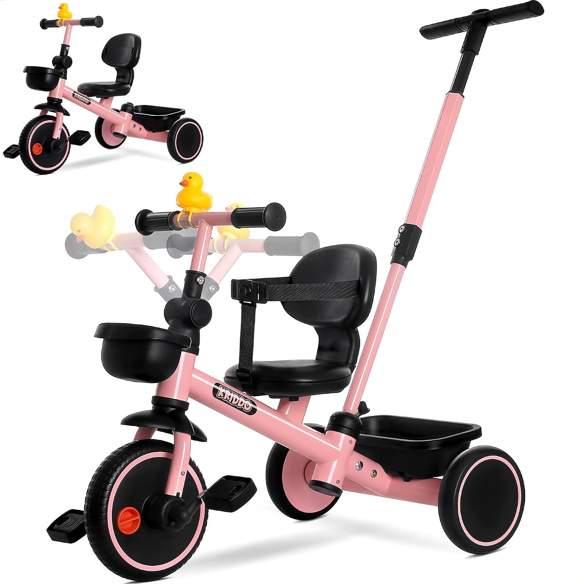 KRIDDO 2-in-1 Parent Steering Push Tricycle for Toddlers 1.5-5 Years | 9-Stage Adjustable Handlebar, Toddler Trike with Safety Belt, Tricycles for 3–5-Year-Olds with Clutch Pedals & Dual Baskets