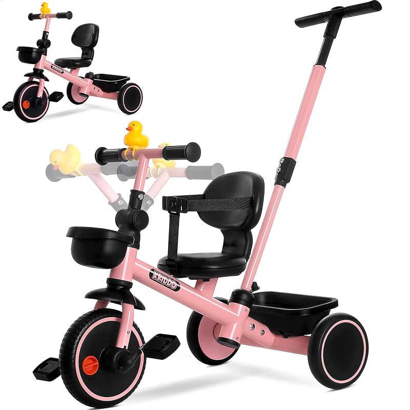 KRIDDO 2-in-1 Parent Steering Push Tricycle for Toddlers 1.5-5 Years | 9-Stage Adjustable Handlebar, Toddler Trike with Safety Belt, Tricycles for 3–5-Year-Olds with Clutch Pedals & Dual Baskets