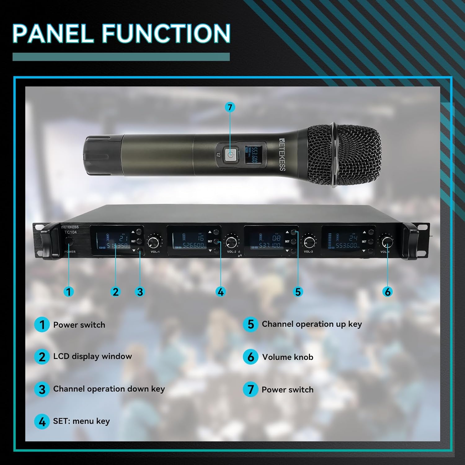 Retekess TC104 Wireless Microphone System, Karaoke Microphone, 4x50 Adjustable Channels, Auto Scan, Cordless Mic Set with 4 Handheld Mics for Singing, Church, DJ Gigs - Image 8