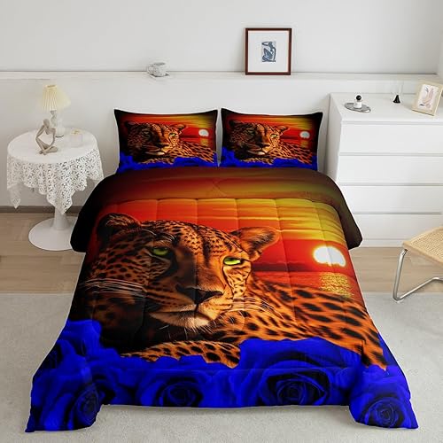 Miniatura 2 de Erosebridal Juego de edredón acolchado con estampado de leopardo y rosa azul para hombres, juego de ropa de cama de animales de safari africanos,