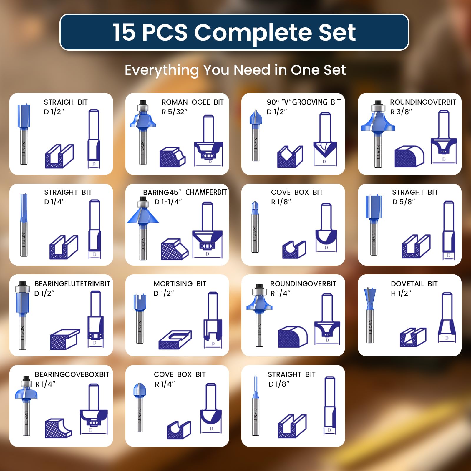 LU&MN Carbide Router Bits - 15 Piece Set -2 LU&MN Carbide Router Bits - 15 Piece Set -2