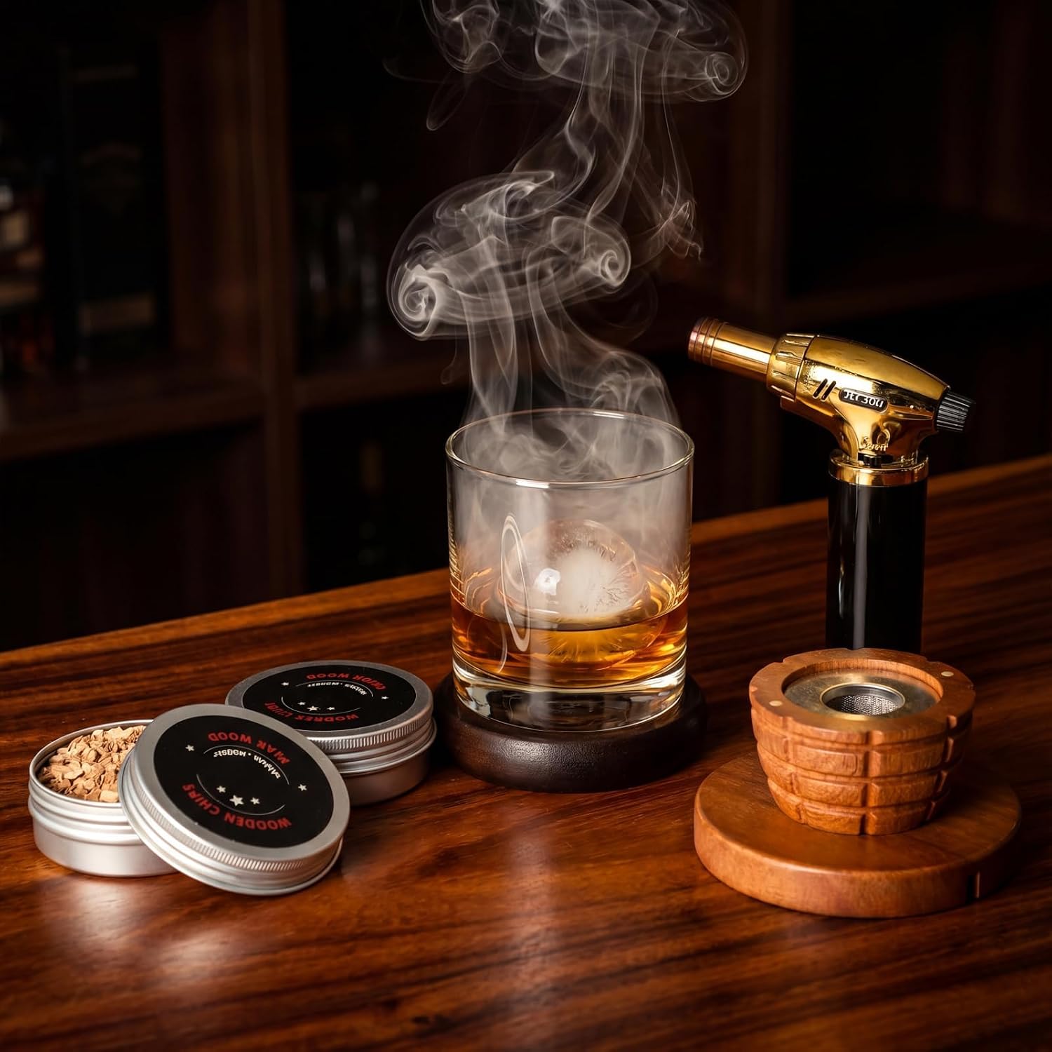 Whiskey Smoker Kit with Torch - 6 Flavors Wood Chips, 4 Whiskey Ice Stones - Old Fashioned Cocktail Infuser Kit, Bourbon Drink Smoker, Birthday Gift for Men Dad (Butane Not Included)