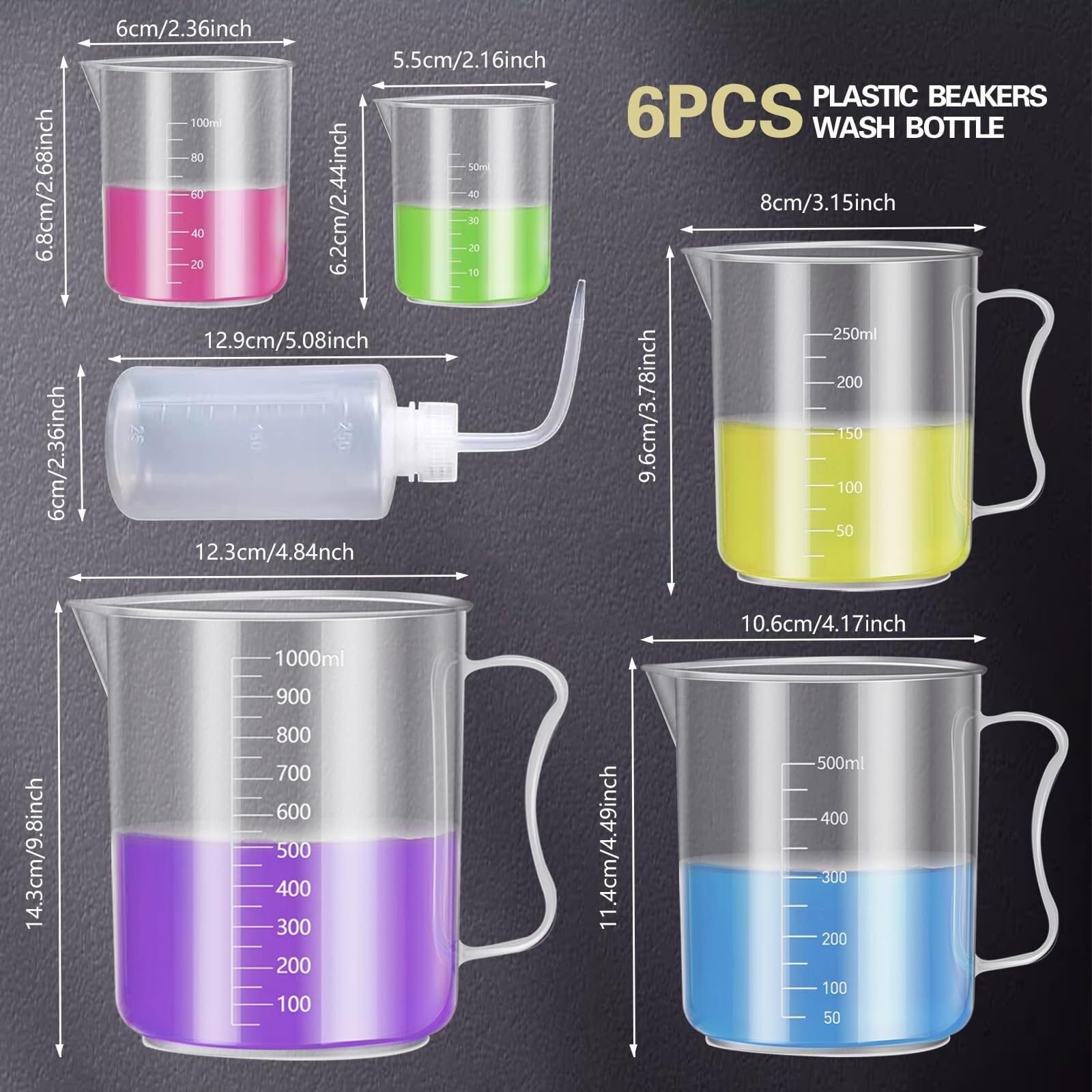Probeta de Laboratorio para Ciencias, Juego de Cilindros graduados de plástico de 10 a 100 ml con 4 pipetas, 1 Embudo y 2 cepillos, Paquete de 11(Color 16)