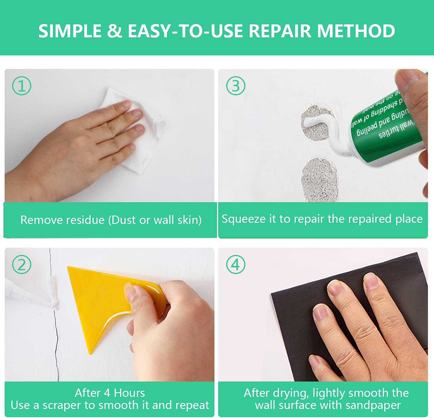 Wall Mending Agent, 4 Pack Safe Mend Wall Repair Paste with Scraper, Drywall Repair Kit Easy & Quick to Cover Holes, Cracks, Graffiti, Dry Wall Repair Patch Cream for Home - Self Adhesive - - 