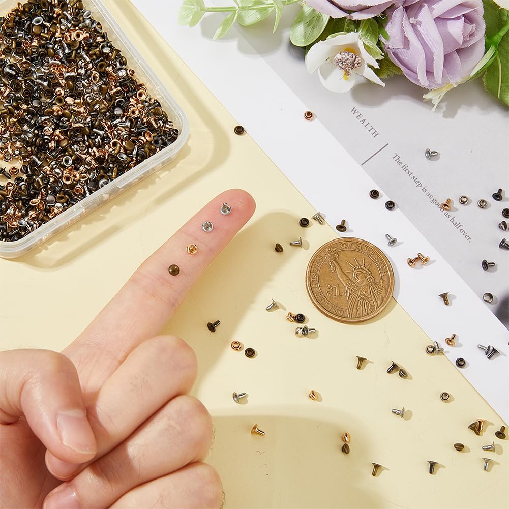 SUPERFINDINGS 400 Pairs 4 Colors 3mm Leather Rivets Mini Double Cap Rivets Tubular Small Metal Studs Bags Shoes Belts Small Decoration Collision Rivets for DIY Leather Craft Repairs Decoration