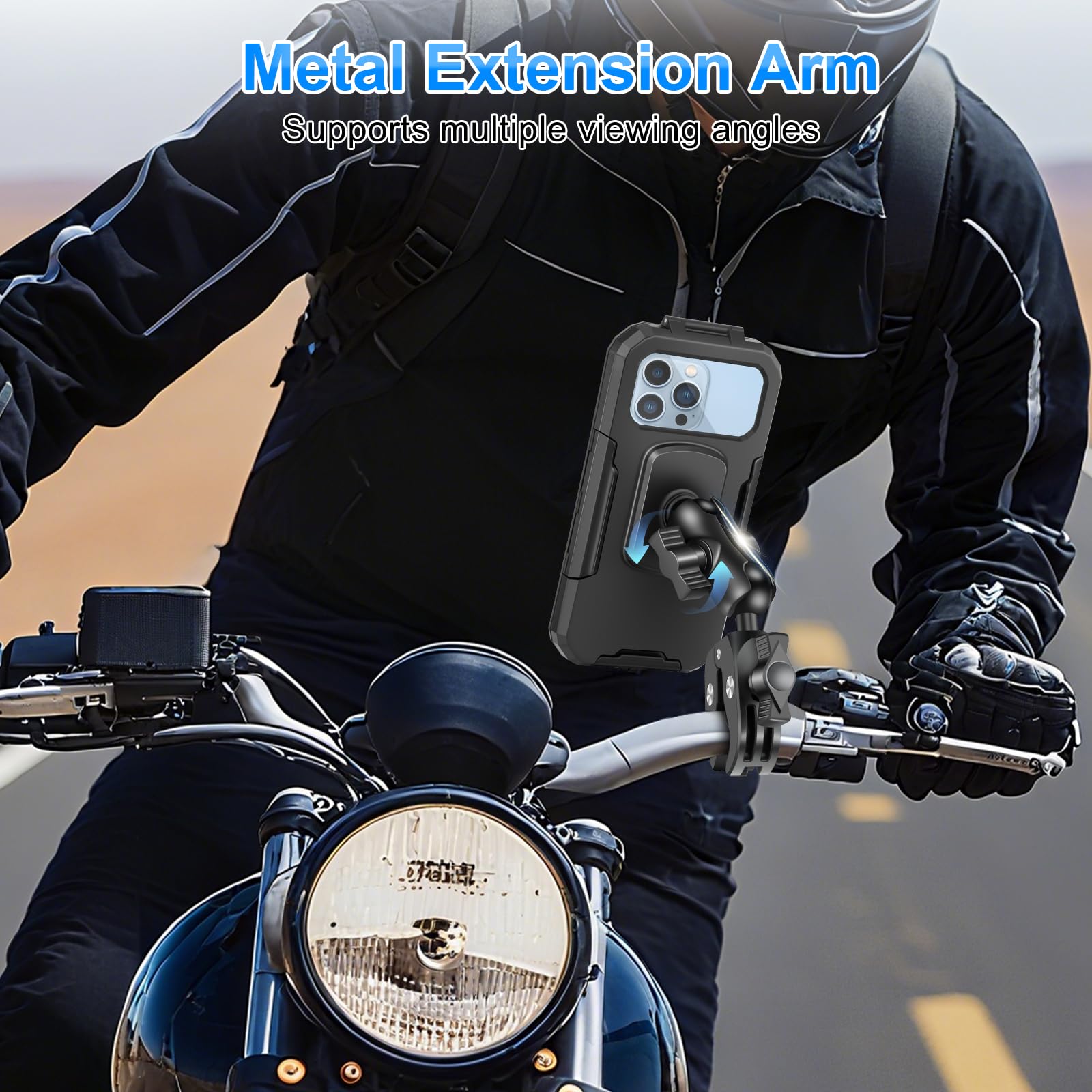 Supporto Telefono Moto Impermeabile Porta Cellulare Bici con 720° Girevole Braccio Estensione Metallo Porta Cellulare Moto Manubrio Scooter Touch Screen per 5.5"-7.0" Smartphone (Nero)