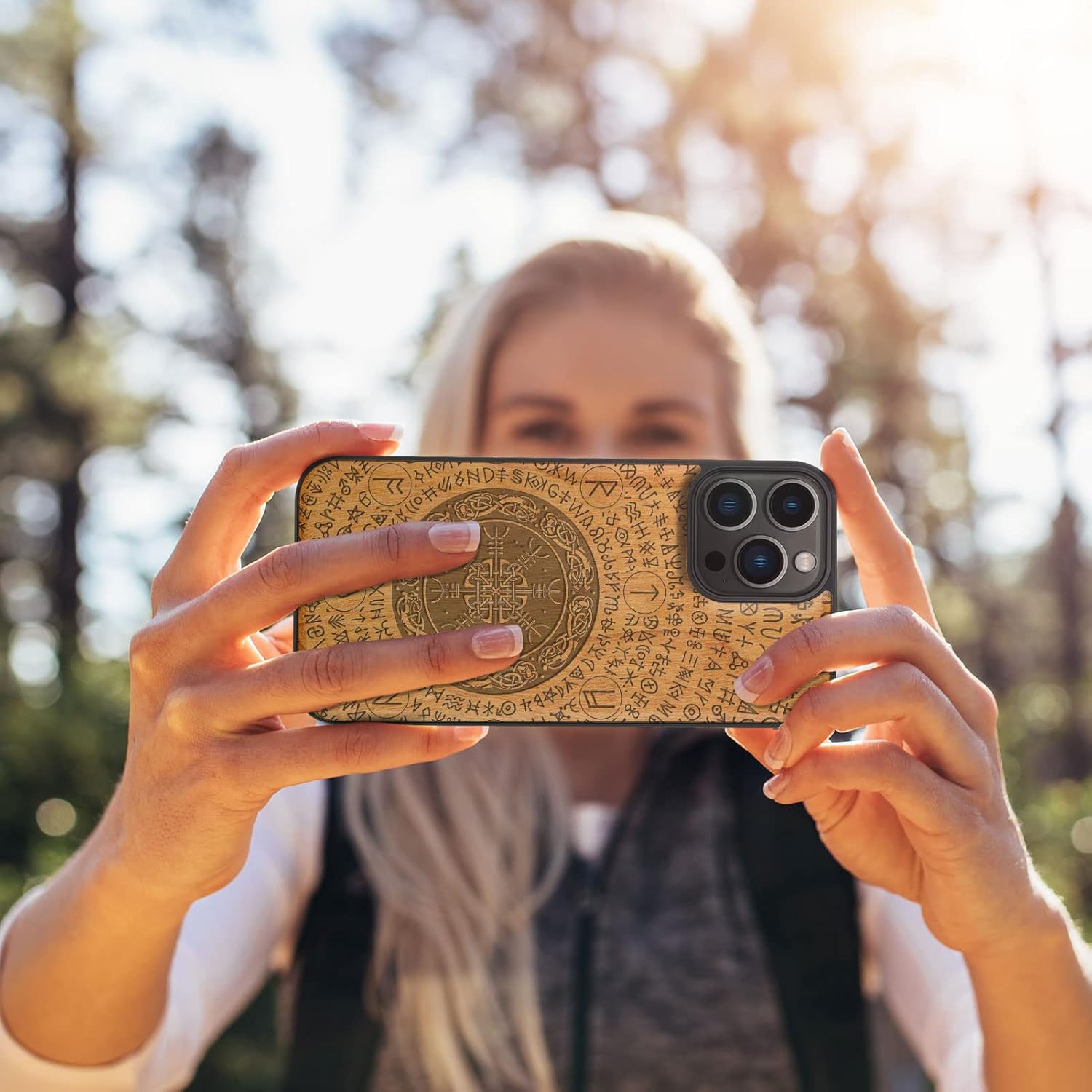 Carveit Magnetic Wood Case for iPhone 13 Pro Case [Natural Wood & Black Soft TPU] Unique & Classy Wooden Shockproof Protective Cover Compatible with magsafe (The Vegvisir of Viking -Cherry)