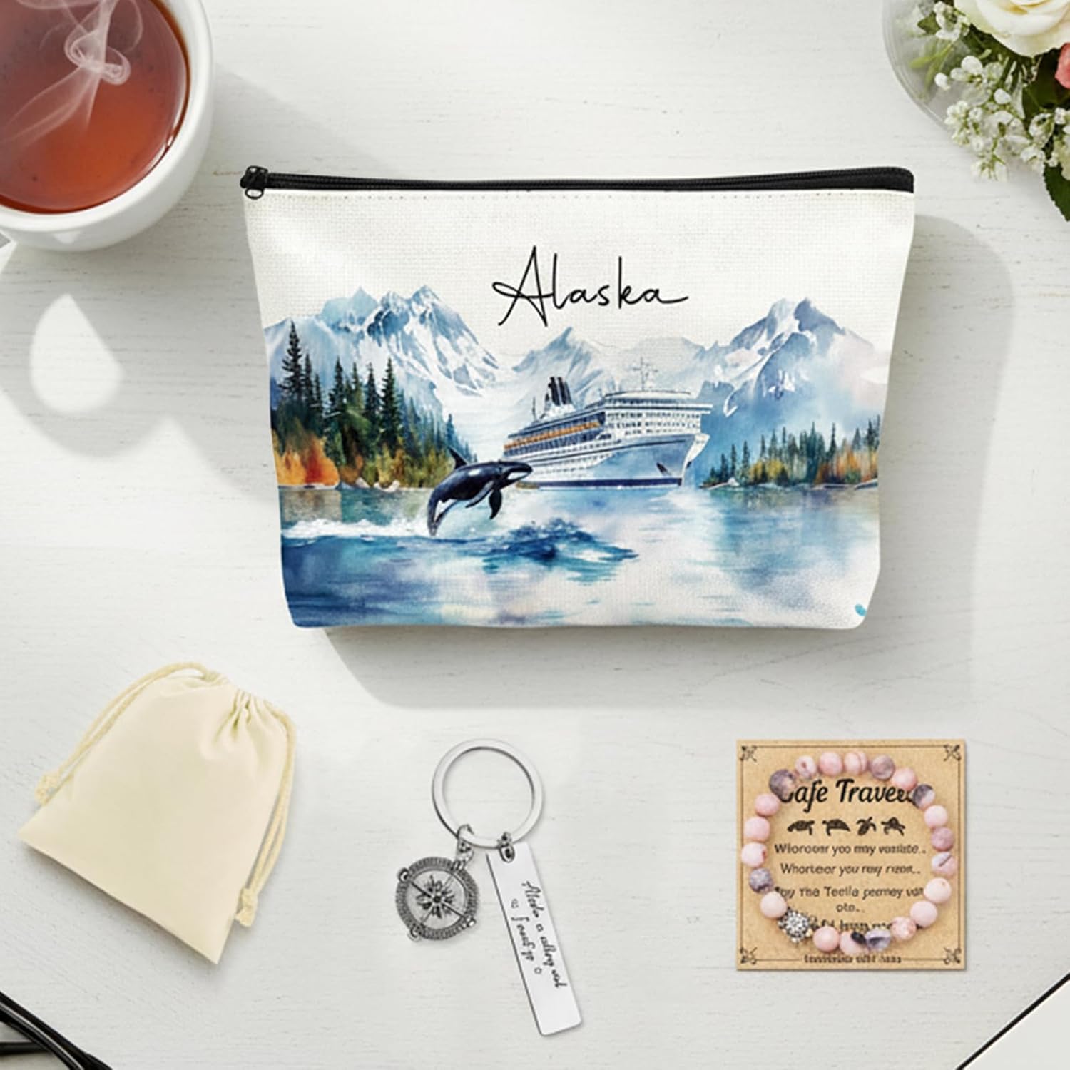 Alaska Souvenirs Gifts Set - 3 Pcs Alaskan Cruise Essentials Set With Watercolor Makeup Bag Bracelet Keychain Travel Accessories Christmas Birthday Gift for Women Girls Mom Daughter Friend - Image 2