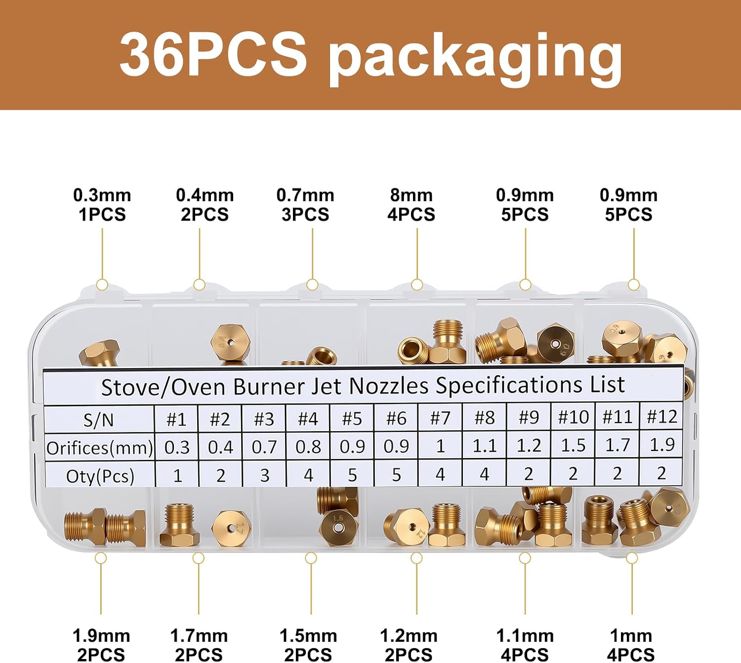 Brass Spray Tip Conversion kit, Natural Gas to Propane Kits with Aperture Sizes of 0.3/0.4/0.7/0.8/0.9/1.0/1.1/1.2/1.5/1.7/1.9 millimeters，M6x0.75 Millimeter Gas Nozzle,Includes Installation Wrench