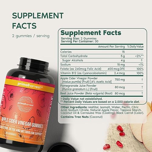 Miniatura 2 de Gomitas ACV de Primal Harvest, 60 gomitas de sidra de manzana sin azúcar, remolacha y granada para apoyar la inmunidad, la digestión y la
