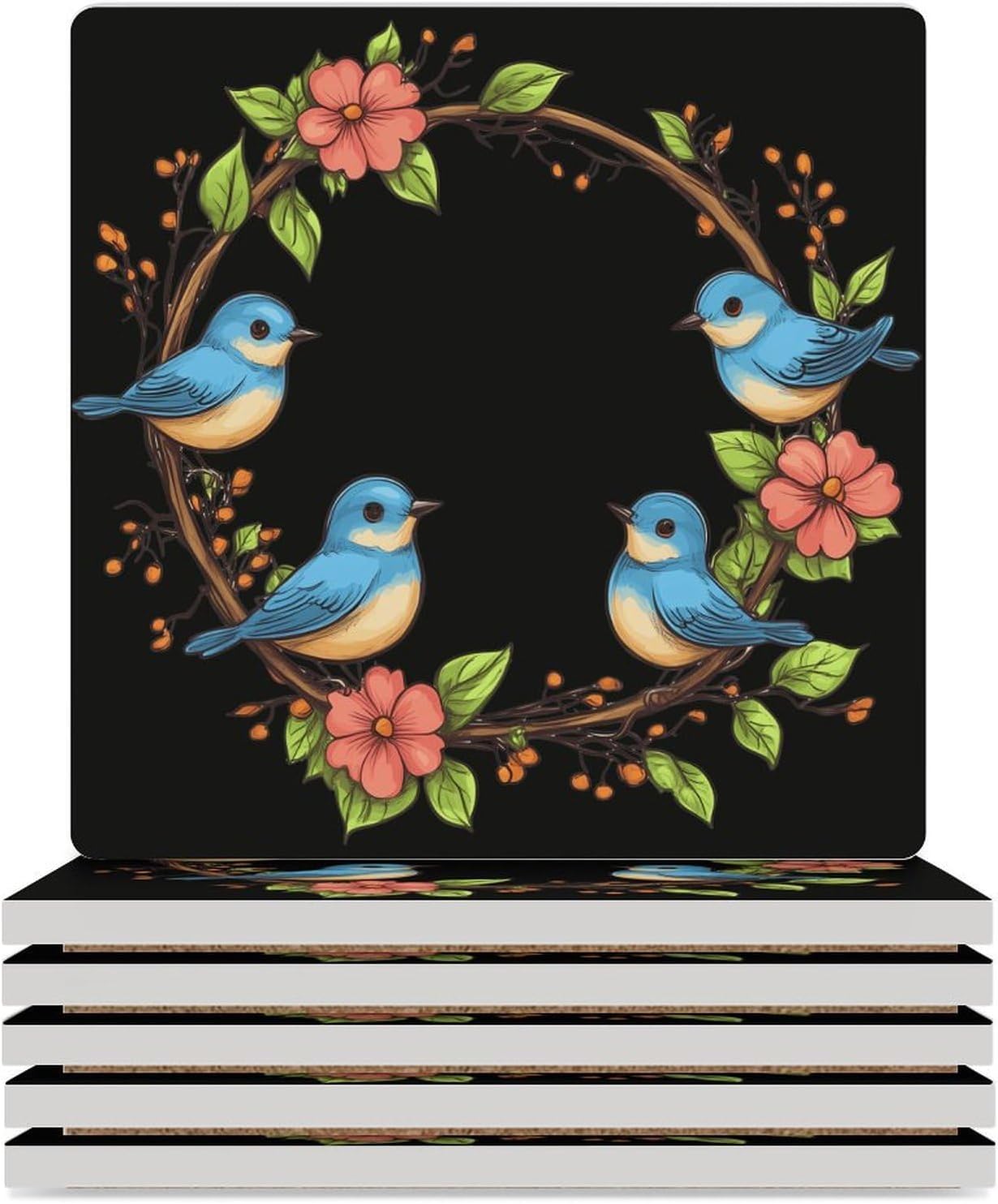 Blue Birds Ceramic Coasters Set Square Drink Coasters Table Coaster for Kitchen Desktop Decor