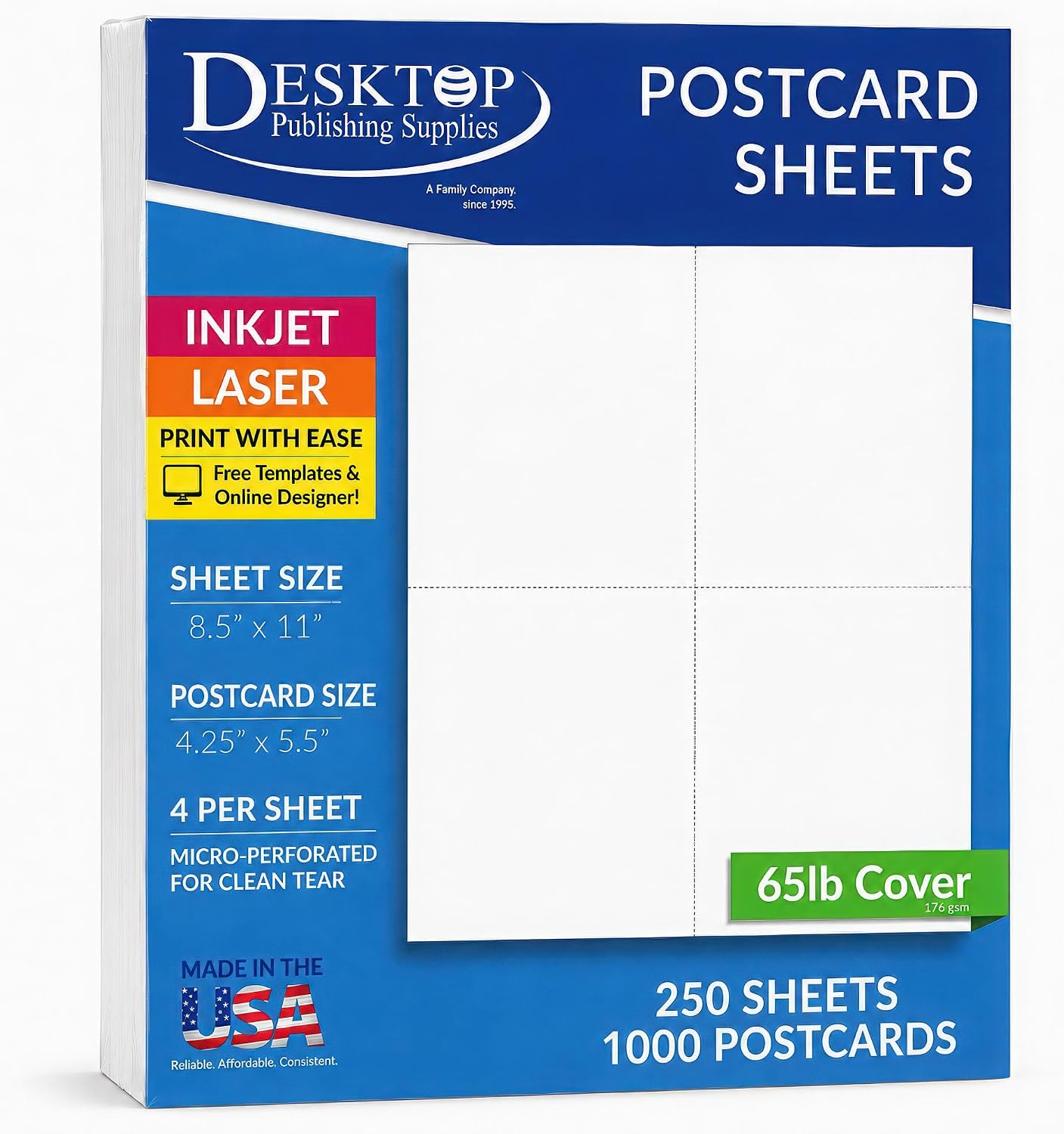 White 4-Up Postcard Paper 8.5" x 11" 65lb Cover (176gsm) - 1000 Postcards