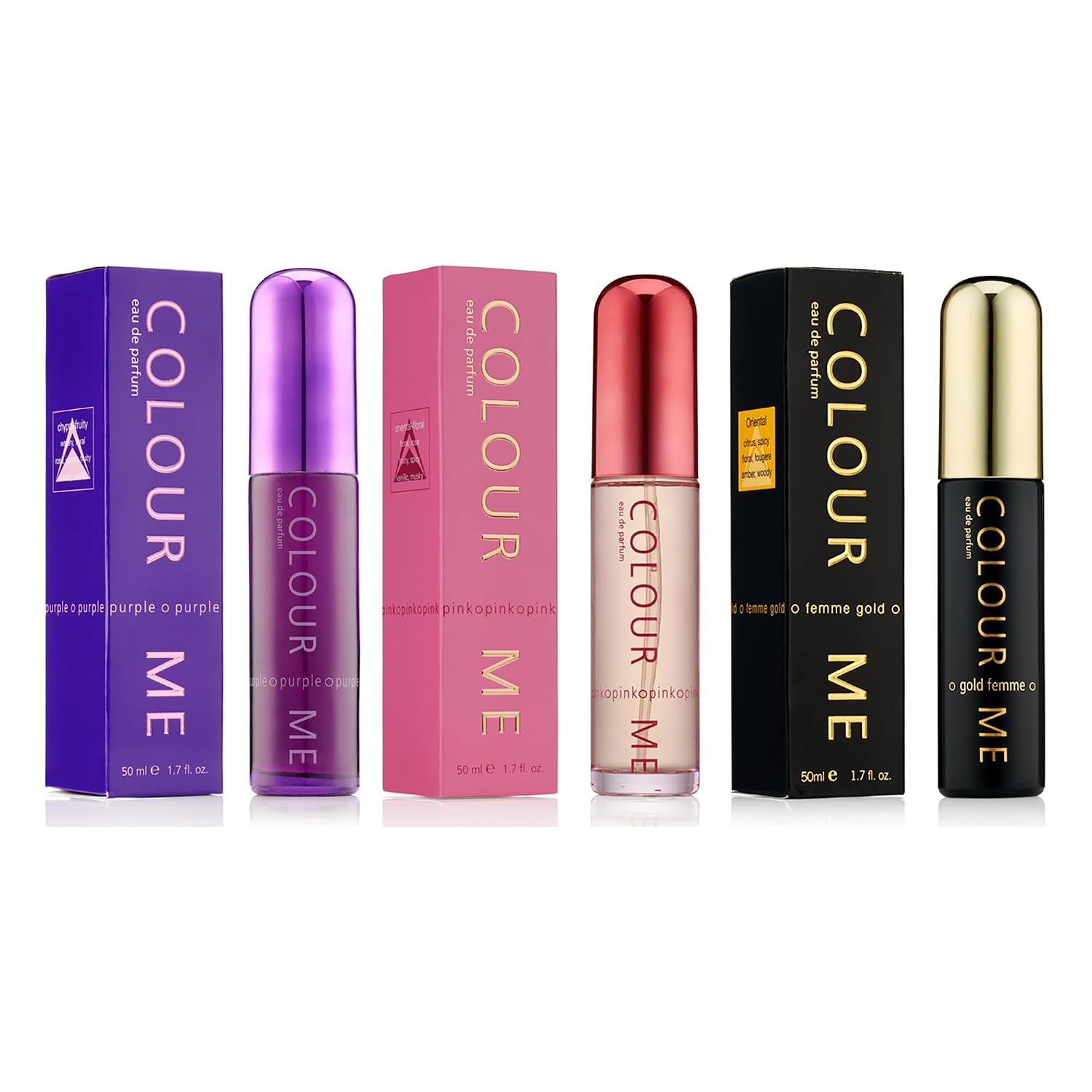 Colour Me Triple Pack by Milton-Lloyd - Perfumes for Women - Floral, Fruity, and Sensual Scents - With White Rose Petals, Watermelon, and Citrus Neroli - Purple, Pink, and Gold - 3 pc Gift Set