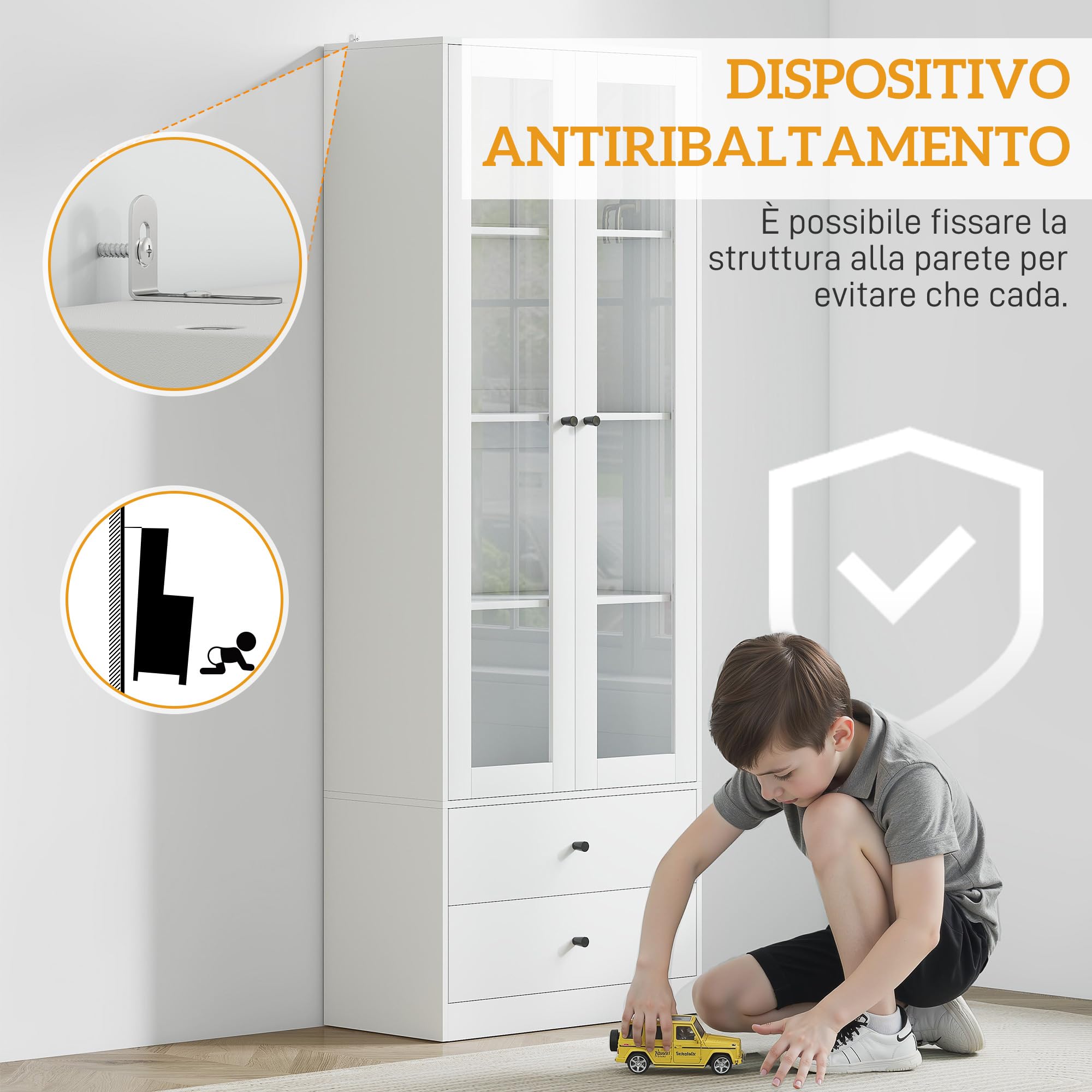 HOMCOM Credenza Cucina Multiuso Mobile con 2 Cassetti 59x30x164cm Bianco | Armadietto, per Soggiorno e Salotto, Ante in Vetro, Cerniere Ammortizzate, Ripiani Regolabili