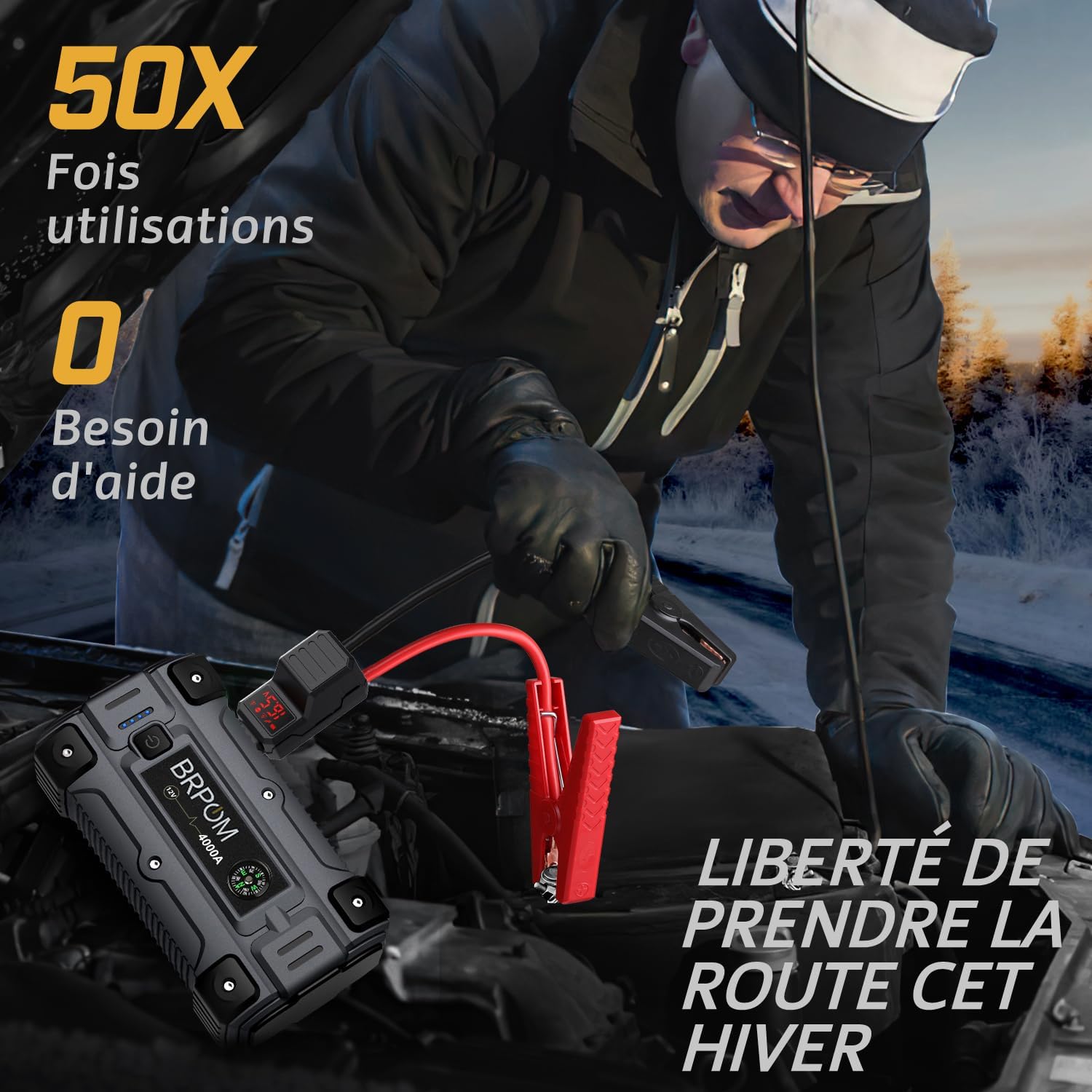 Person jump starting a car in a snowy environment, emphasizing reliability.