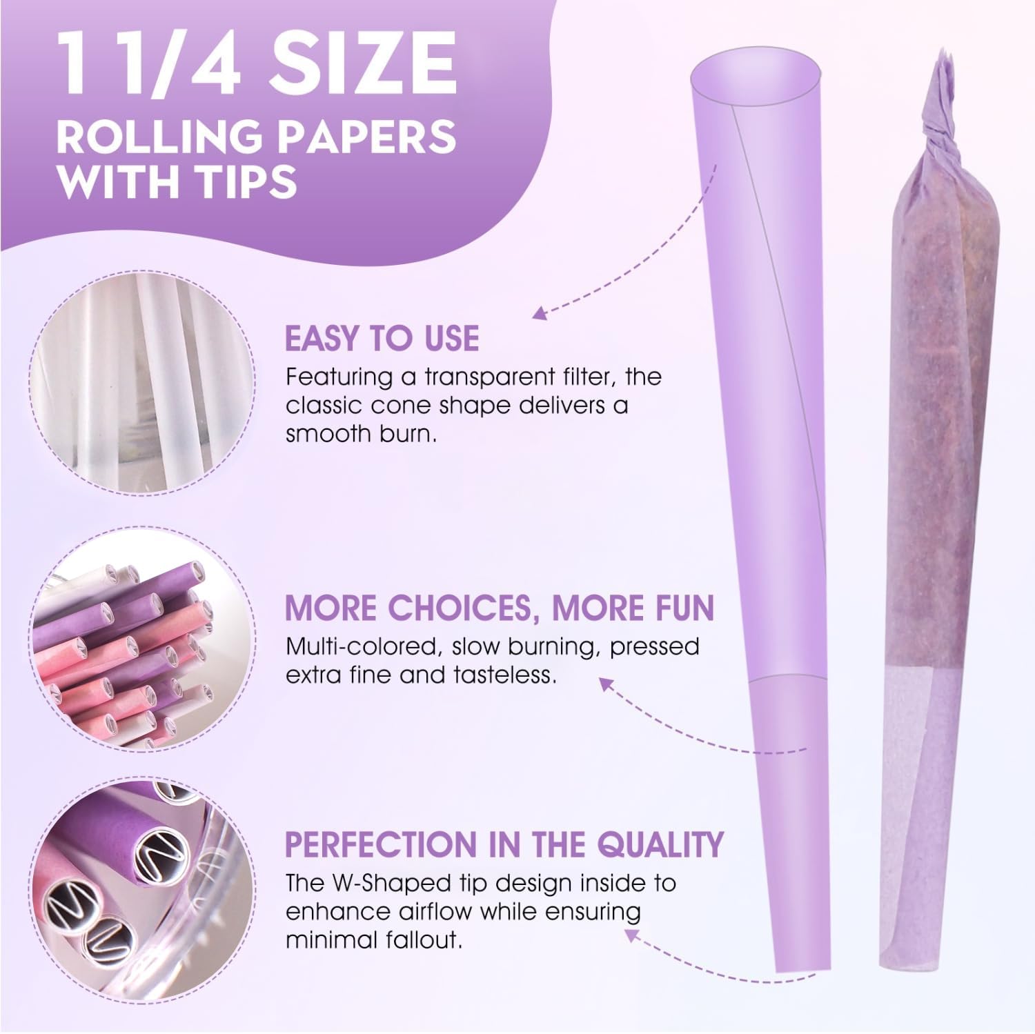 Pre Rolled Cones Rolling Paper 1 1/4 Size | 50 Pack | Unbleached Natural Rolling Papers Prerolled Cones with Filter Tubes Pink/Purple/White Cones