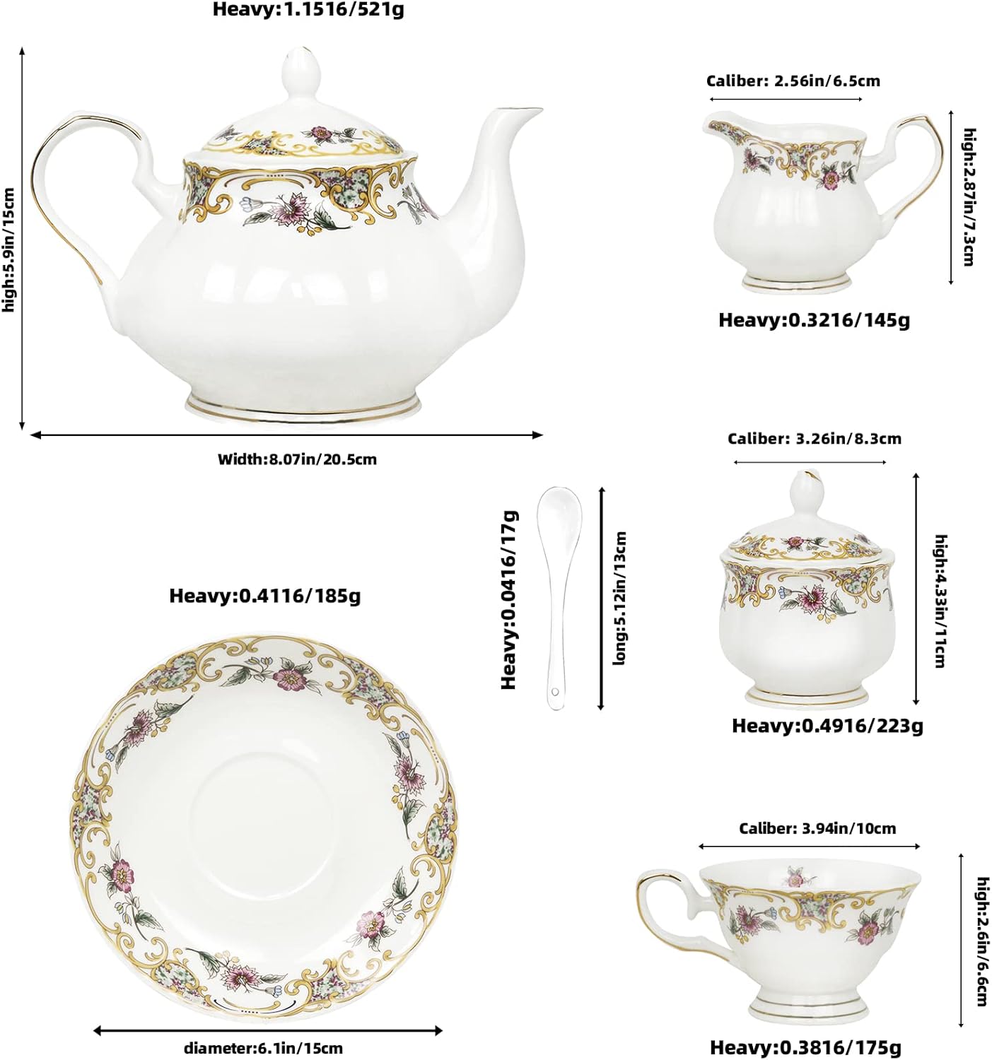 ACMLIFE Bone China Tea Set for Adults White And Floral Fine China Tea Set 21-Piece English Tea Cups Set of 6 for Women Porcelain Tea Set with Teapot, Sugar Bowl,Creamer Pitcher, Tea Party Sets - Image 6